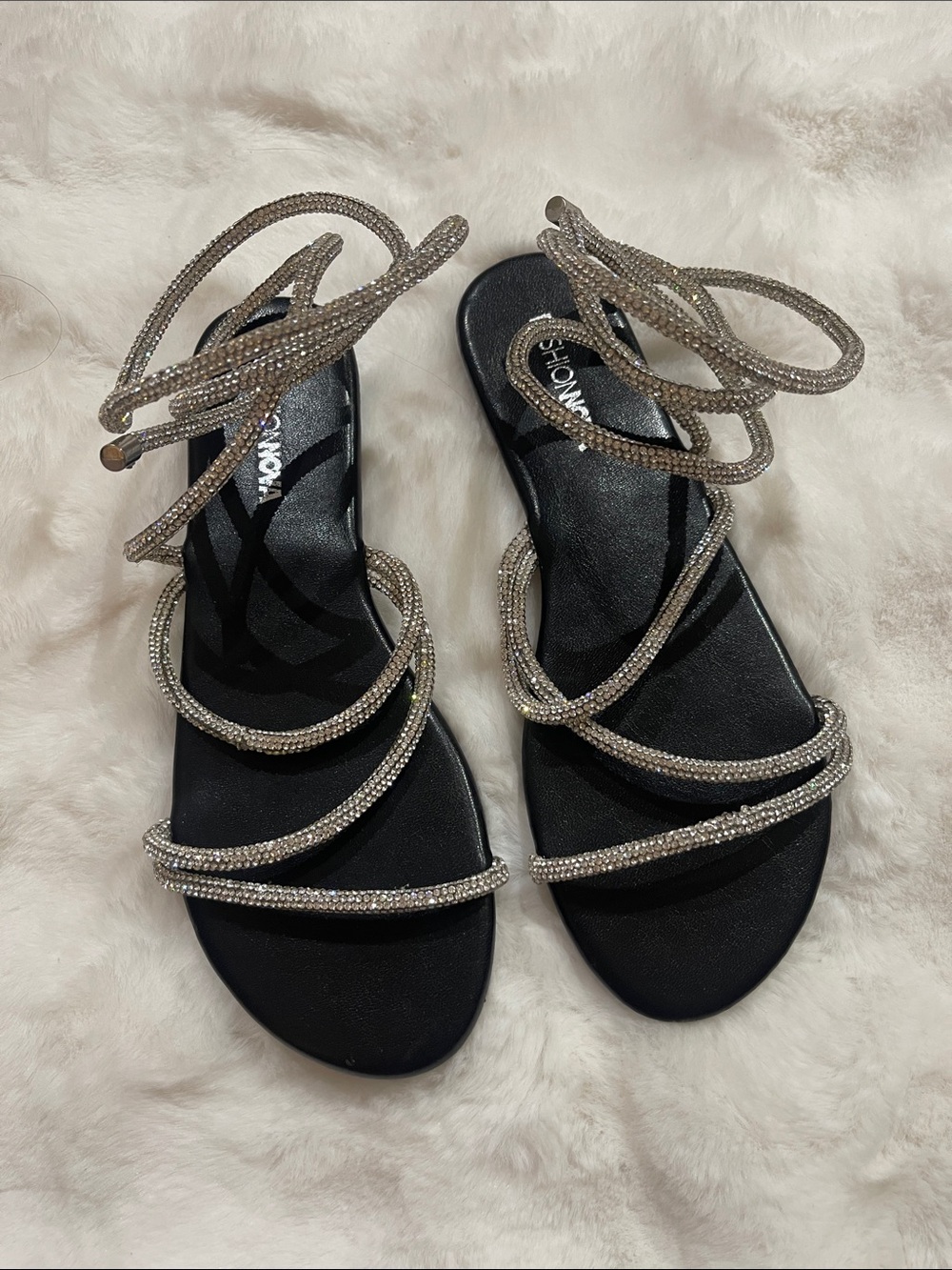 Fashion Nova Silver Rhinestone Wrap Sandals with Black Footbed